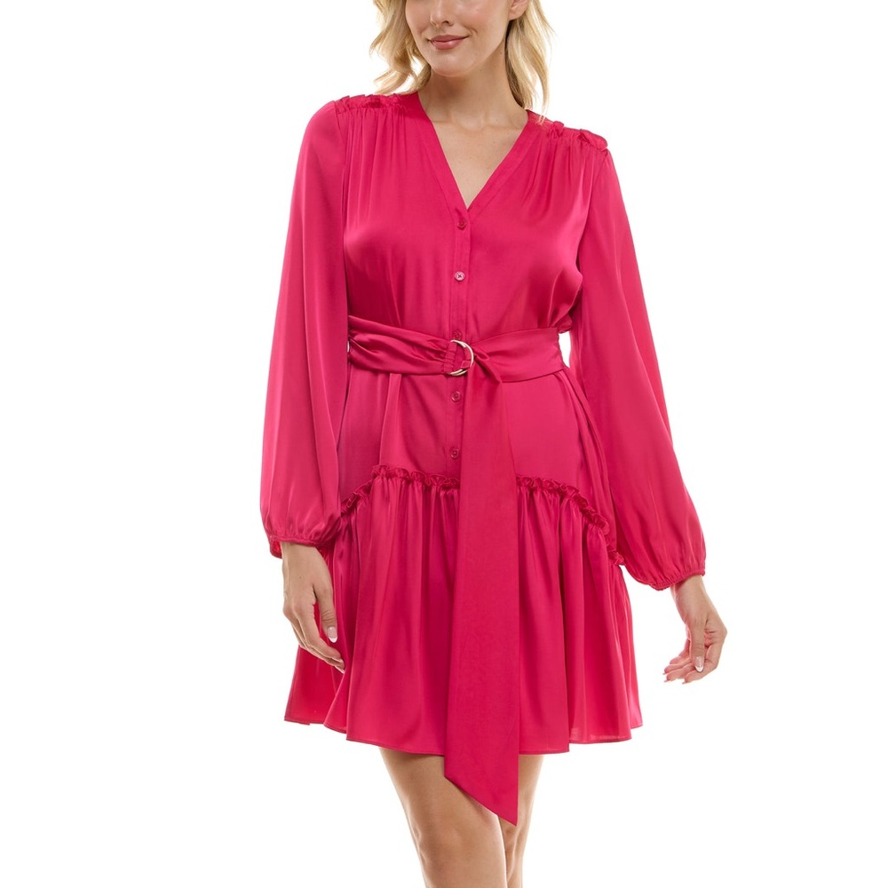 NWT Taylor Belted Smocked Satin Mini Dress Vibrant Pink, Long Sleeve, Size 10